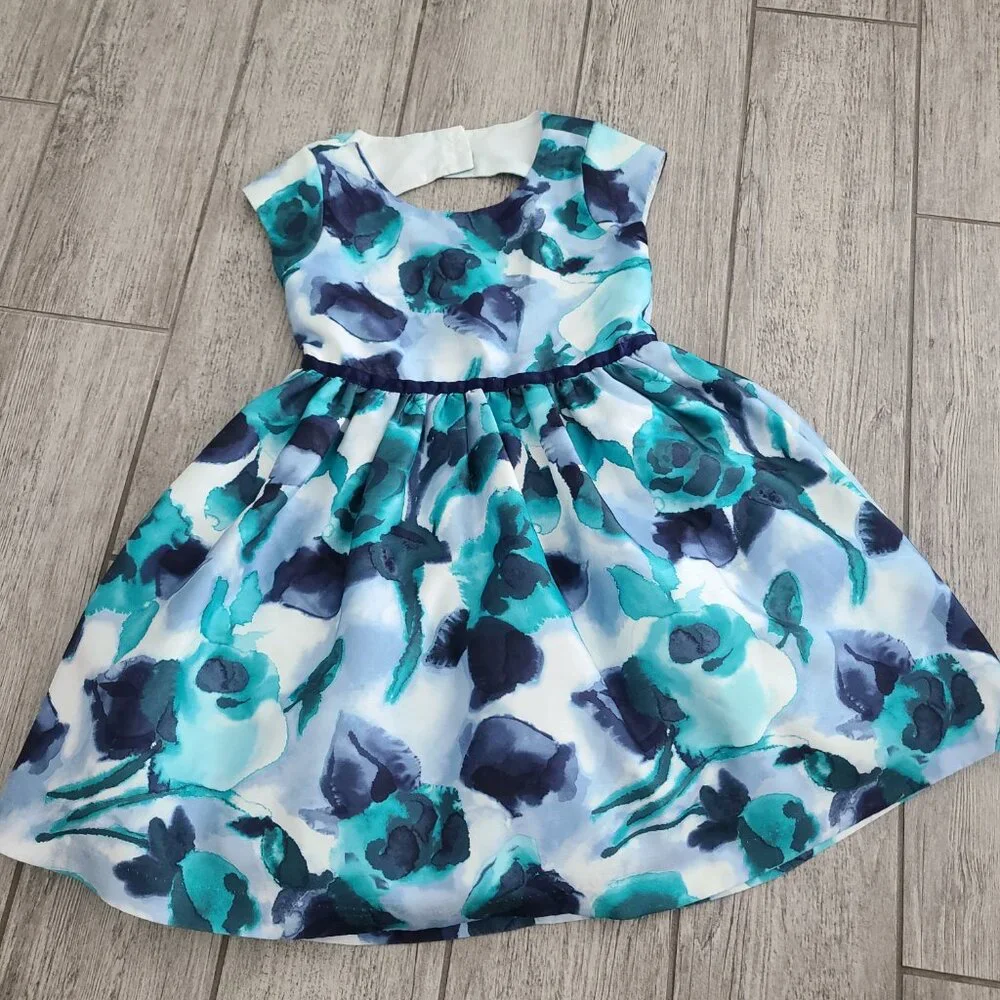 Gymboree Dressed Up Watercolor blue and teal floral party dress girls size 5